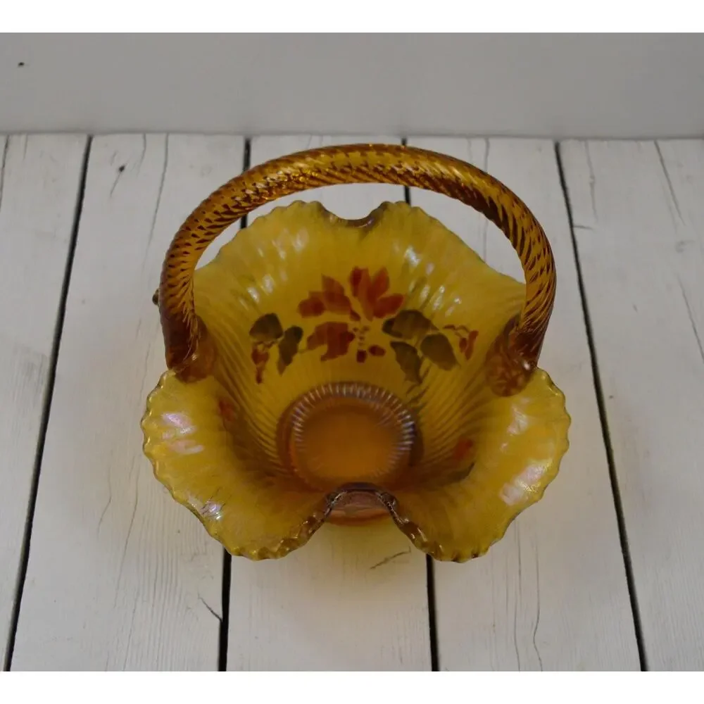 Vintage Fenton Amber Carnival Glass Basket, Christmas Poinsettia